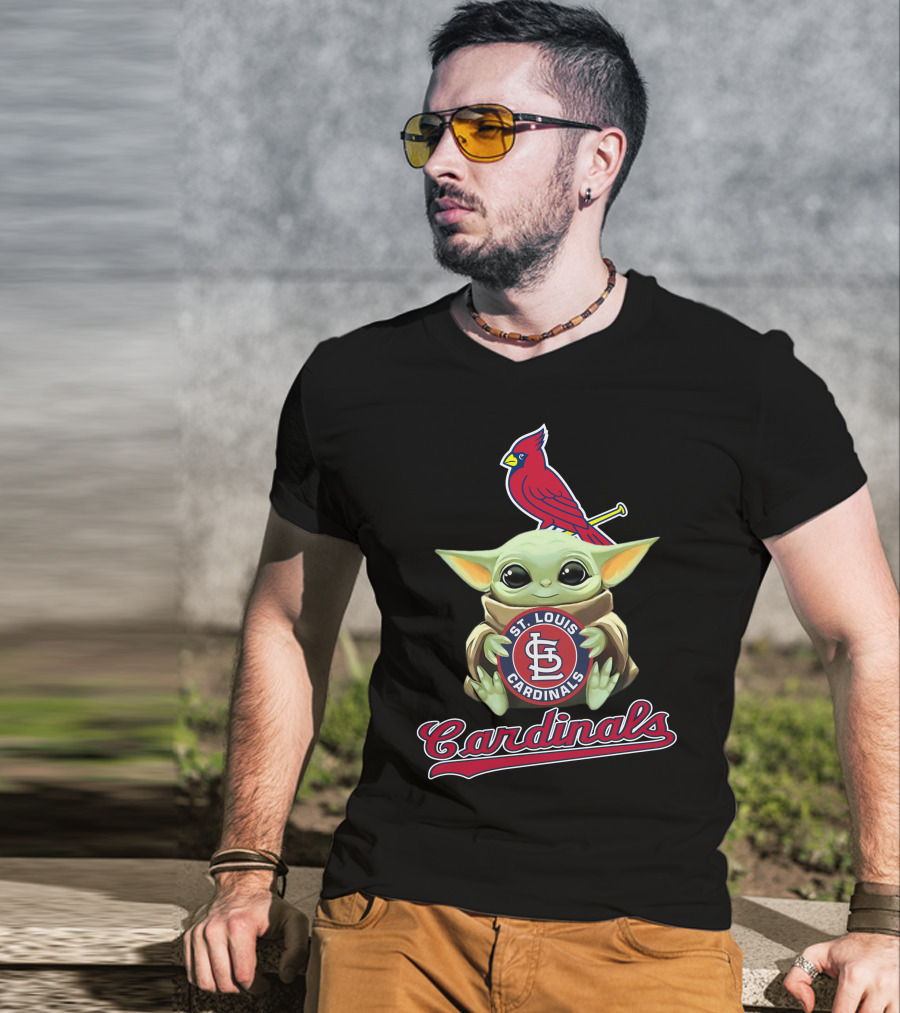St. Louis Cardinals Baby Yoda Holding Logo With Cardinal Bird T-Shirt