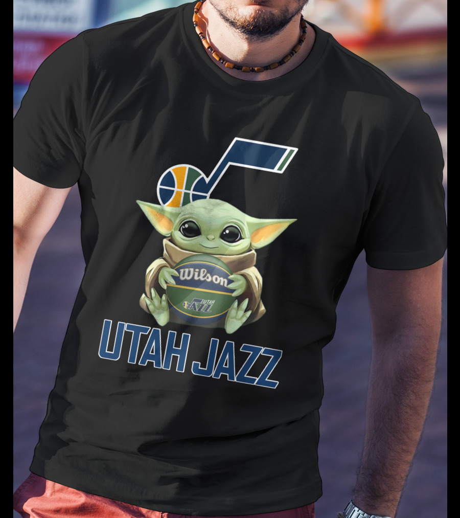 Utah Jazz Baby Yoda Holding Wilson Basketball T-Shirt
