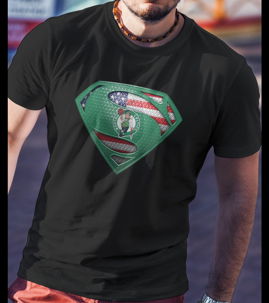 Boston Celtics Superman Logo With American Flag T-Shirt