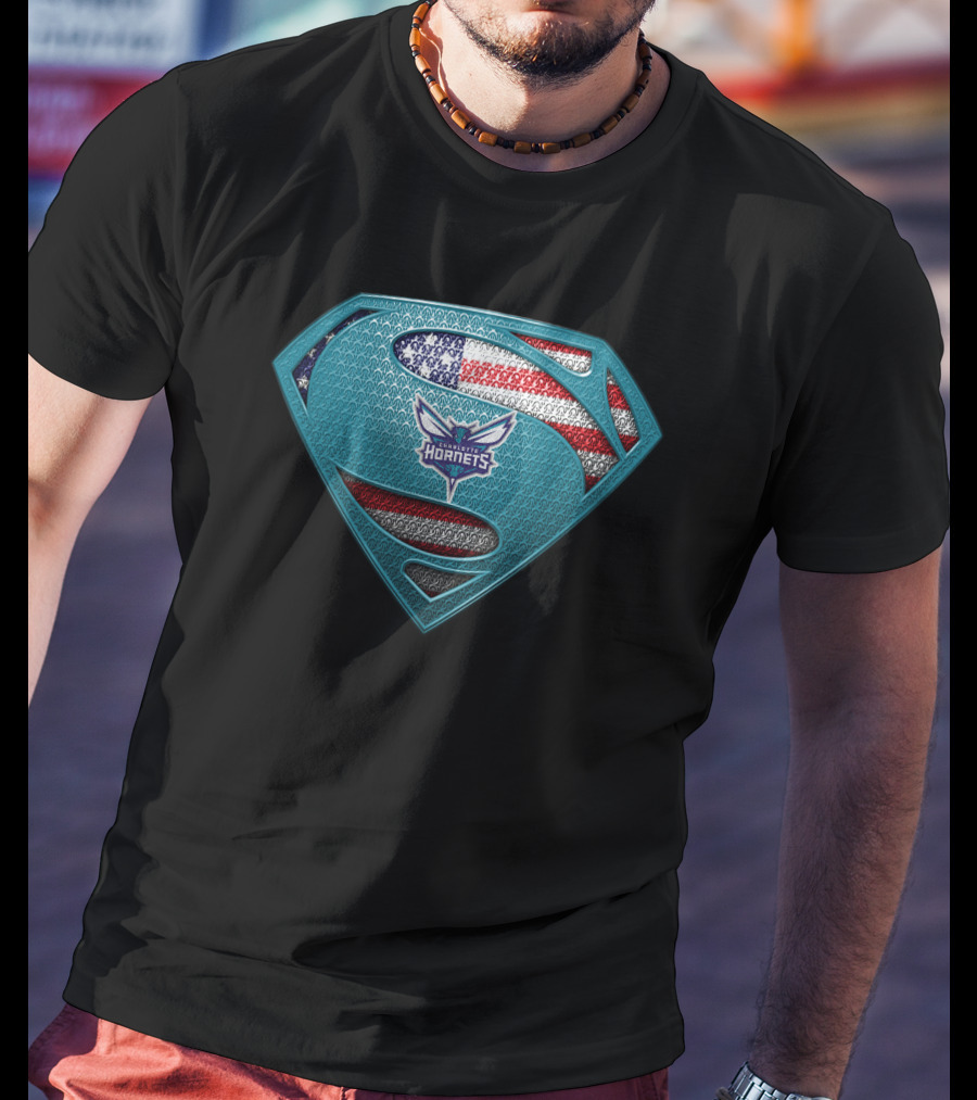Charlotte Hornets American Flag Superman Logo Fusion T-Shirt