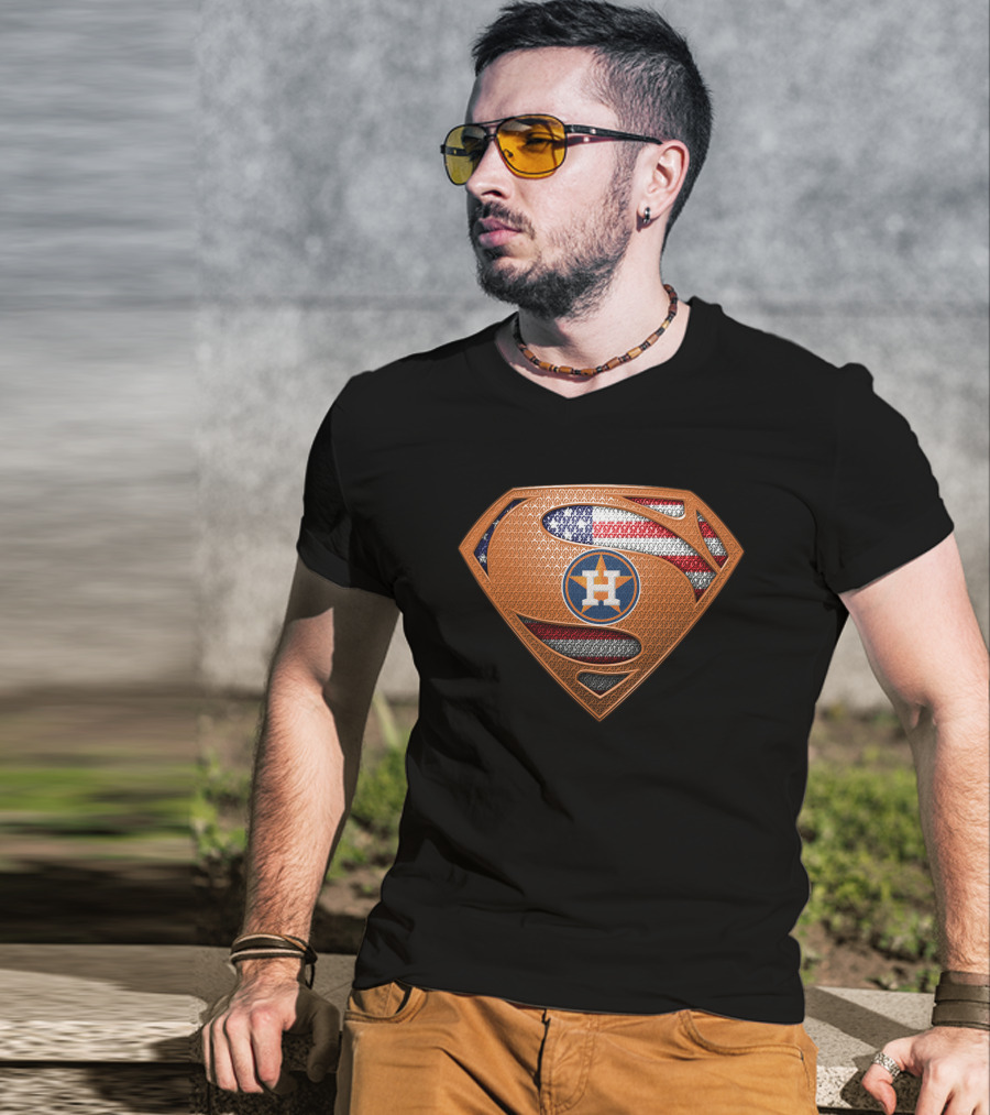 Houston Astros Superman American Flag Shield T-Shirt