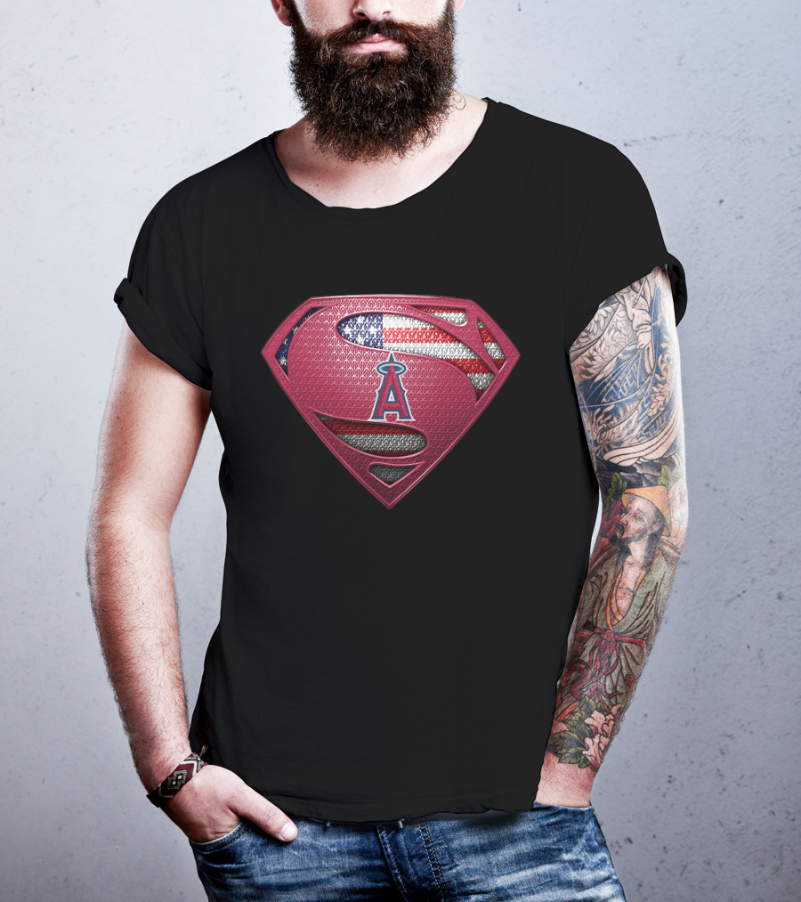 Los Angeles Angels Superman Shield American Flag T-Shirt