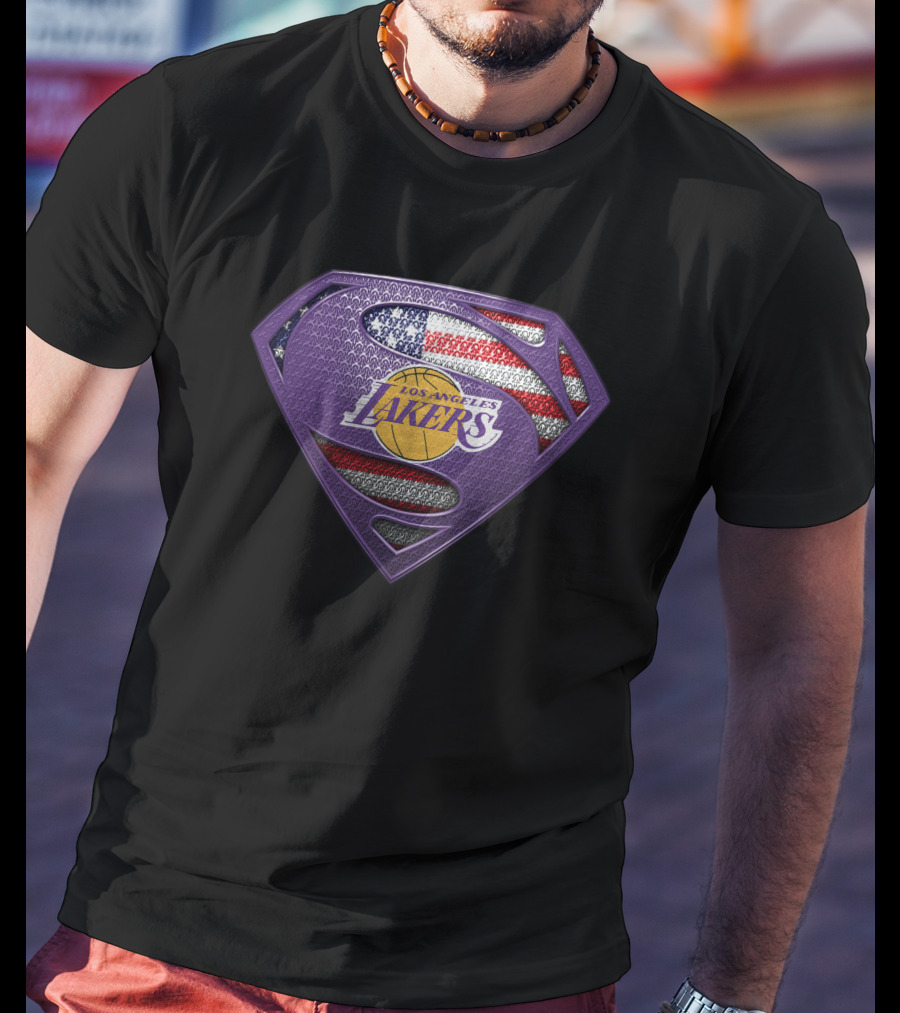 Los Angeles Lakers Superman Shield American Flag T-Shirt