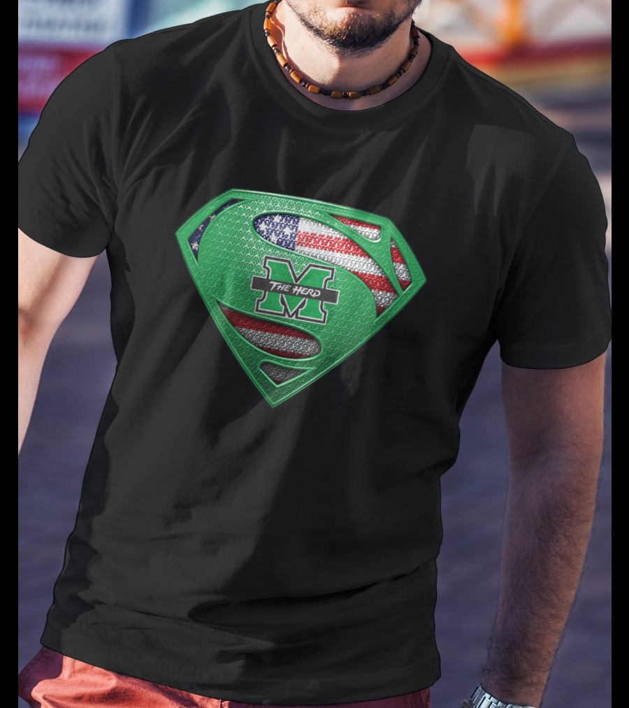 Marshall Thundering Herd Superman Logo With American Flag Element T-Shirt