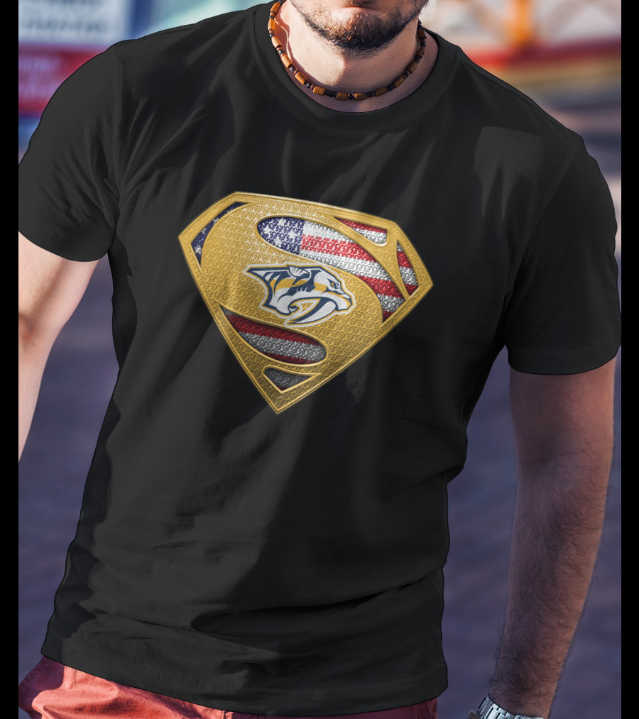 Nashville Predators Superman American Flag Badge T-Shirt