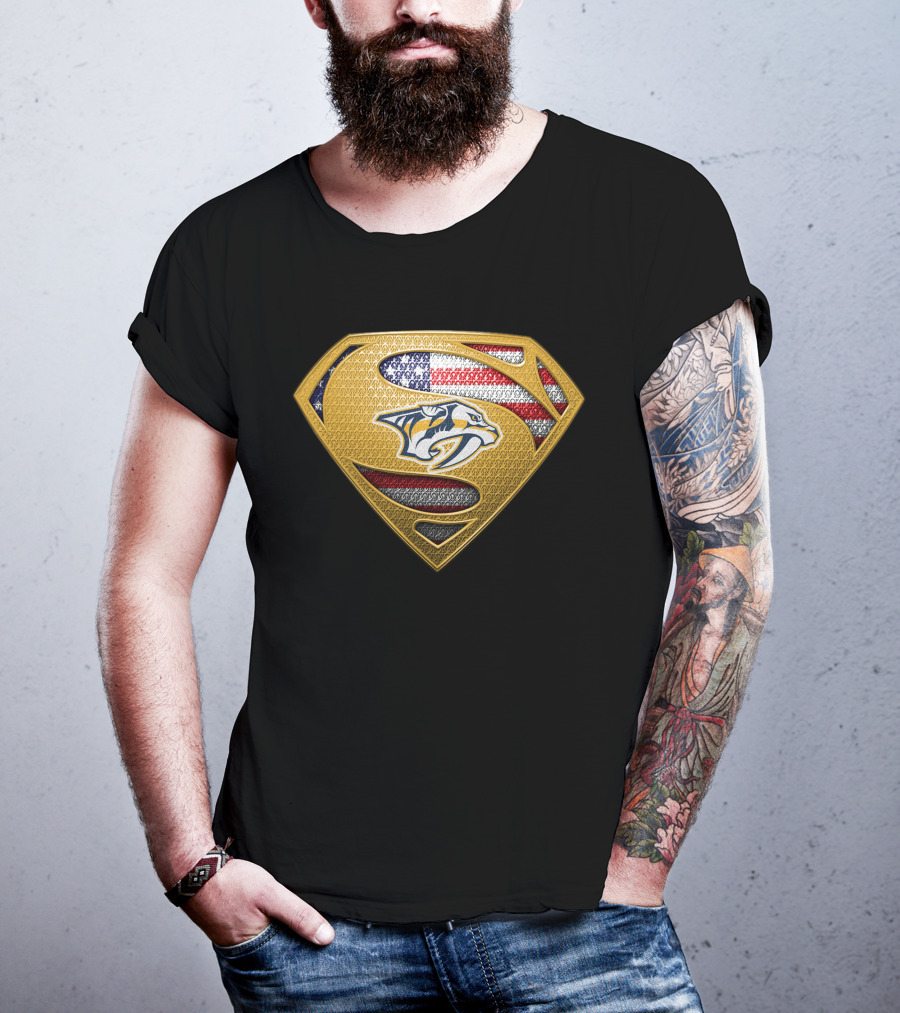 Nashville Predators Superman American Flag Badge T-Shirt
