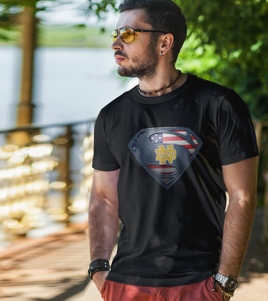 Notre Dame Fighting Irish Superman Logo American Flag T-Shirt
