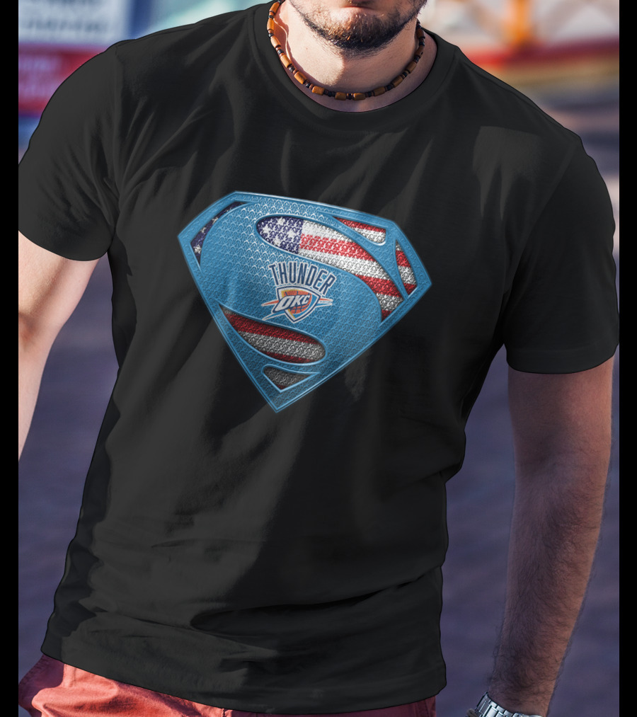Superman Shield With Oklahoma City Thunder Okc Logo And American Flag T-Shirt