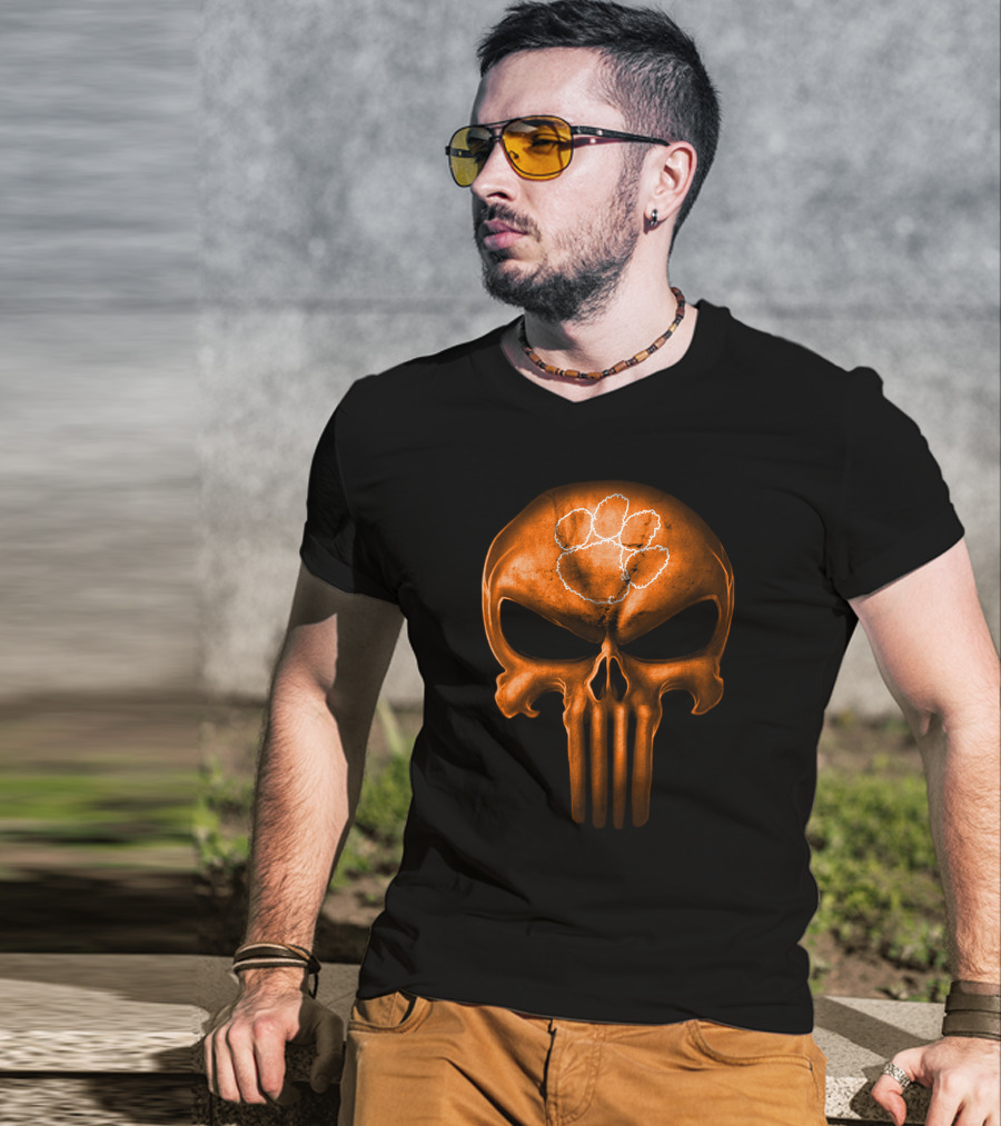 Clemson Tigers Skull With Orange Punisher Style And Paw T-Shirt