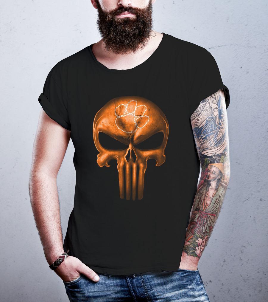 Clemson Tigers Skull With Orange Punisher Style And Paw T-Shirt