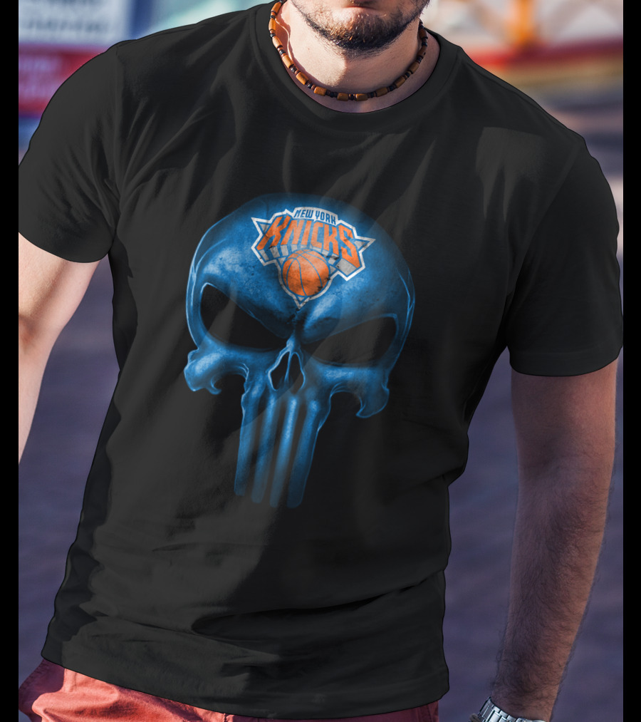 New York Knicks Skull Basketball Logo Fusion T-Shirt