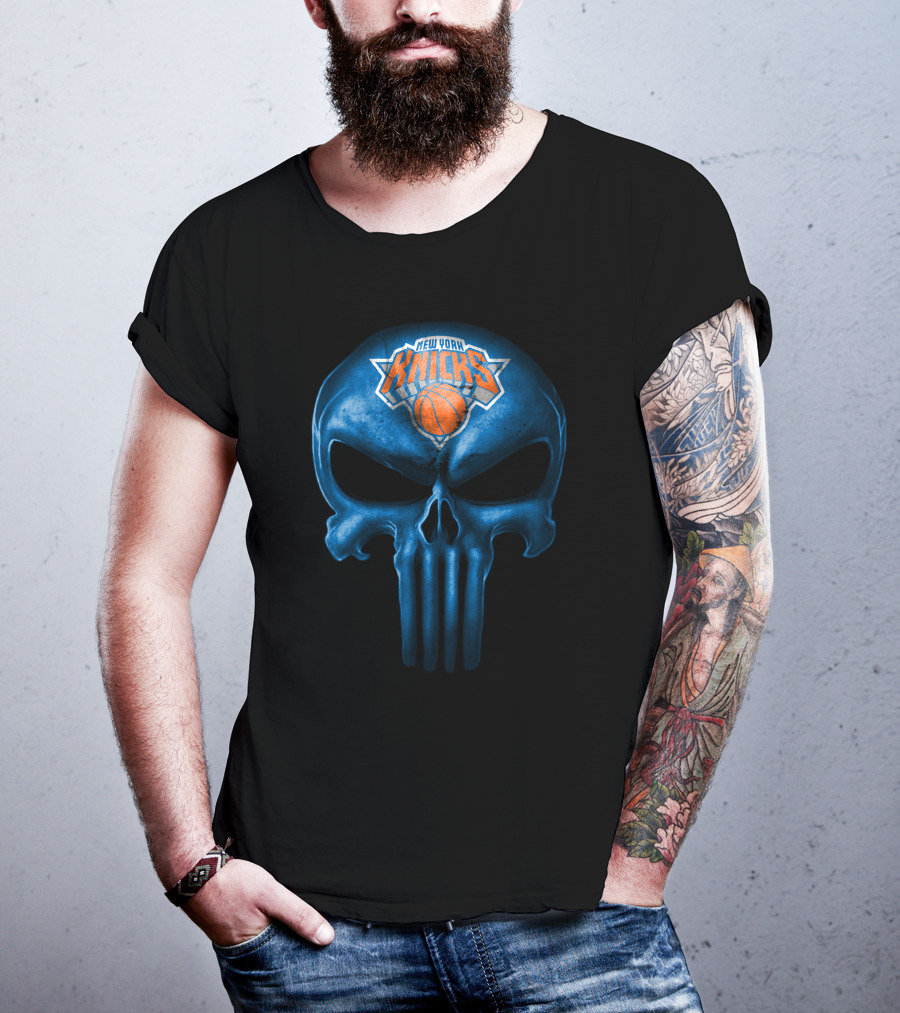 New York Knicks Skull Basketball Logo Fusion T-Shirt