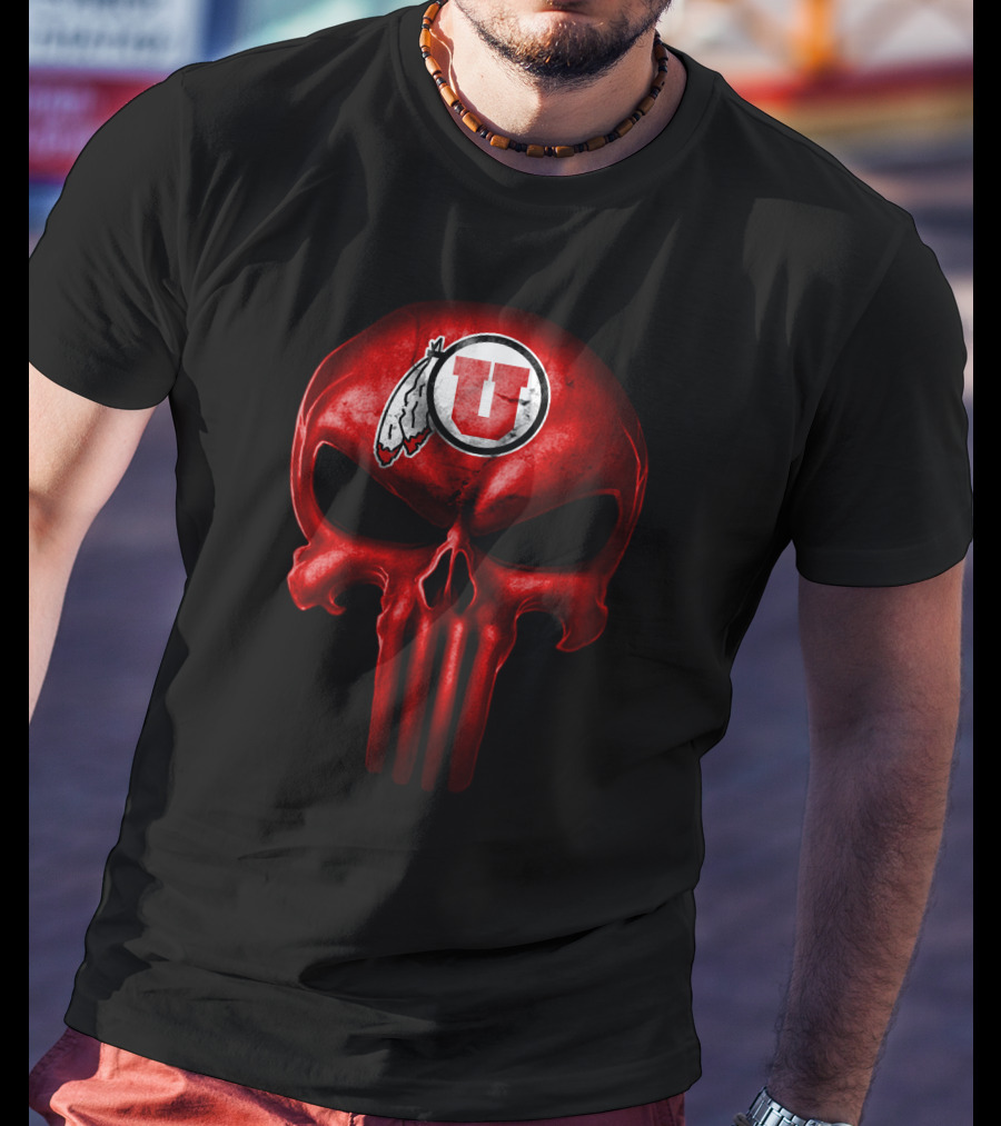 Utah Utes Punisher Skull Red Feathers T-Shirt