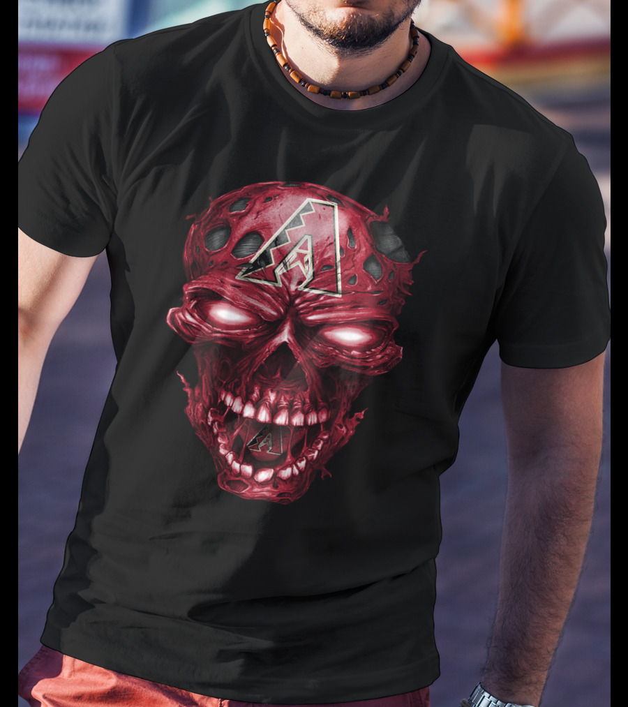 Arizona Diamondbacks Skull With Team Logo On Red Textured T-Shirt