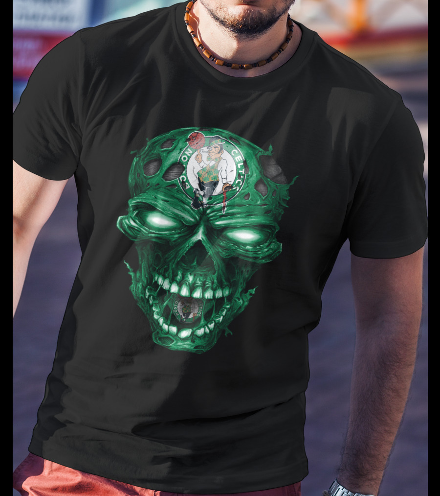 Boston Celtics Skull With Team Logo And Green Fire Eyes T-Shirt