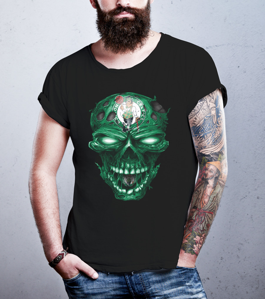 Boston Celtics Skull With Team Logo And Green Fire Eyes T-Shirt