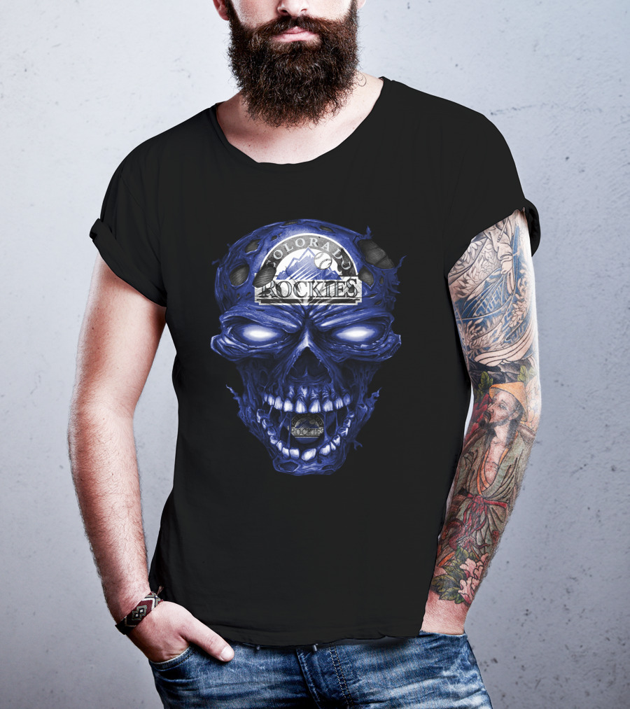 Colorado Rockies Skull Logo With Blue Fiery T-Shirt