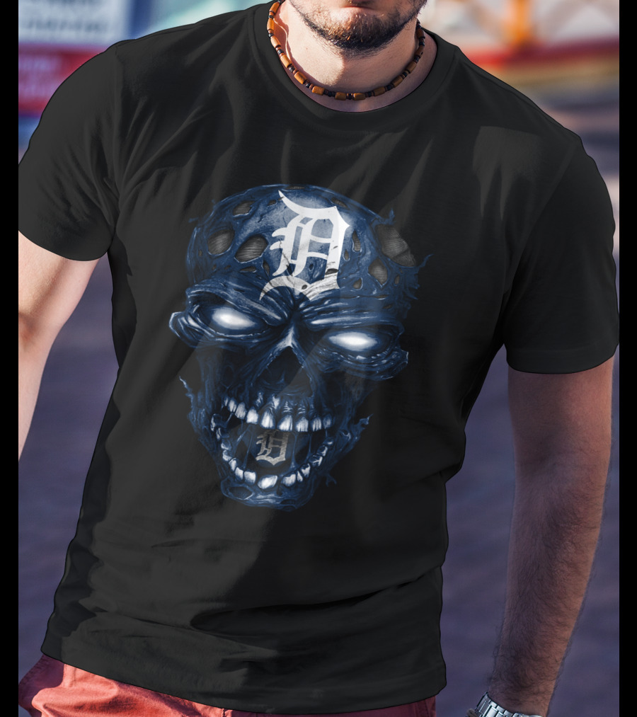 Detroit Tigers Skull Dark Blue White Logo Fusion T-Shirt