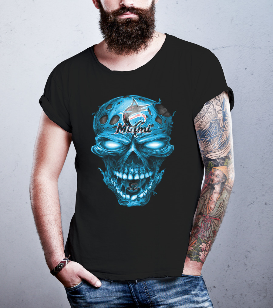 Miami Marlins Skull Blue Baseball T-Shirt