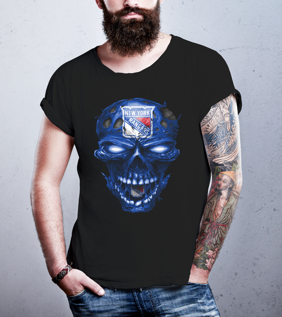 New York Rangers Skull Blue Biker Art T-Shirt
