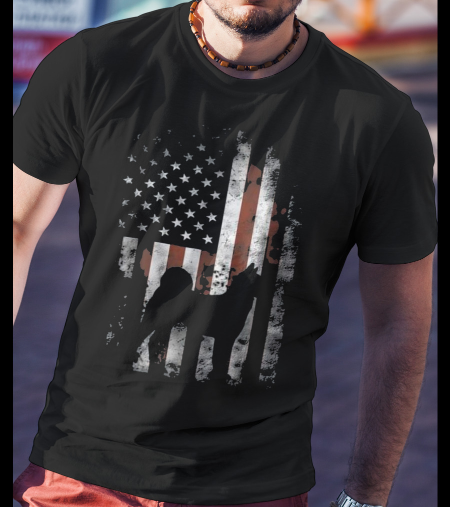 Akita Inu Silhouette Overlaid On American Flag Patriotic T-Shirt