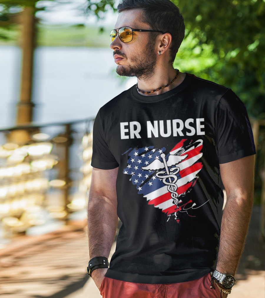ER Nurse American Flag Caduceus Medical T-Shirt