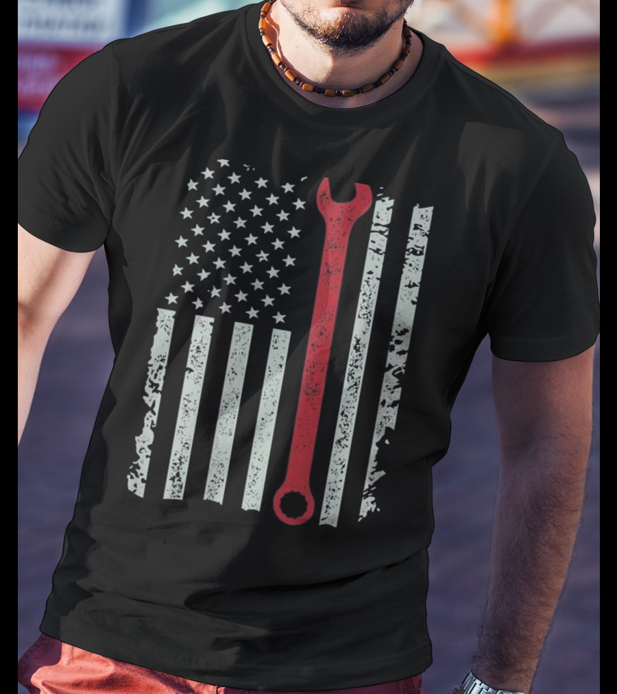 American Flag Mechanic Wrench Patriotic USA Pride T-Shirt