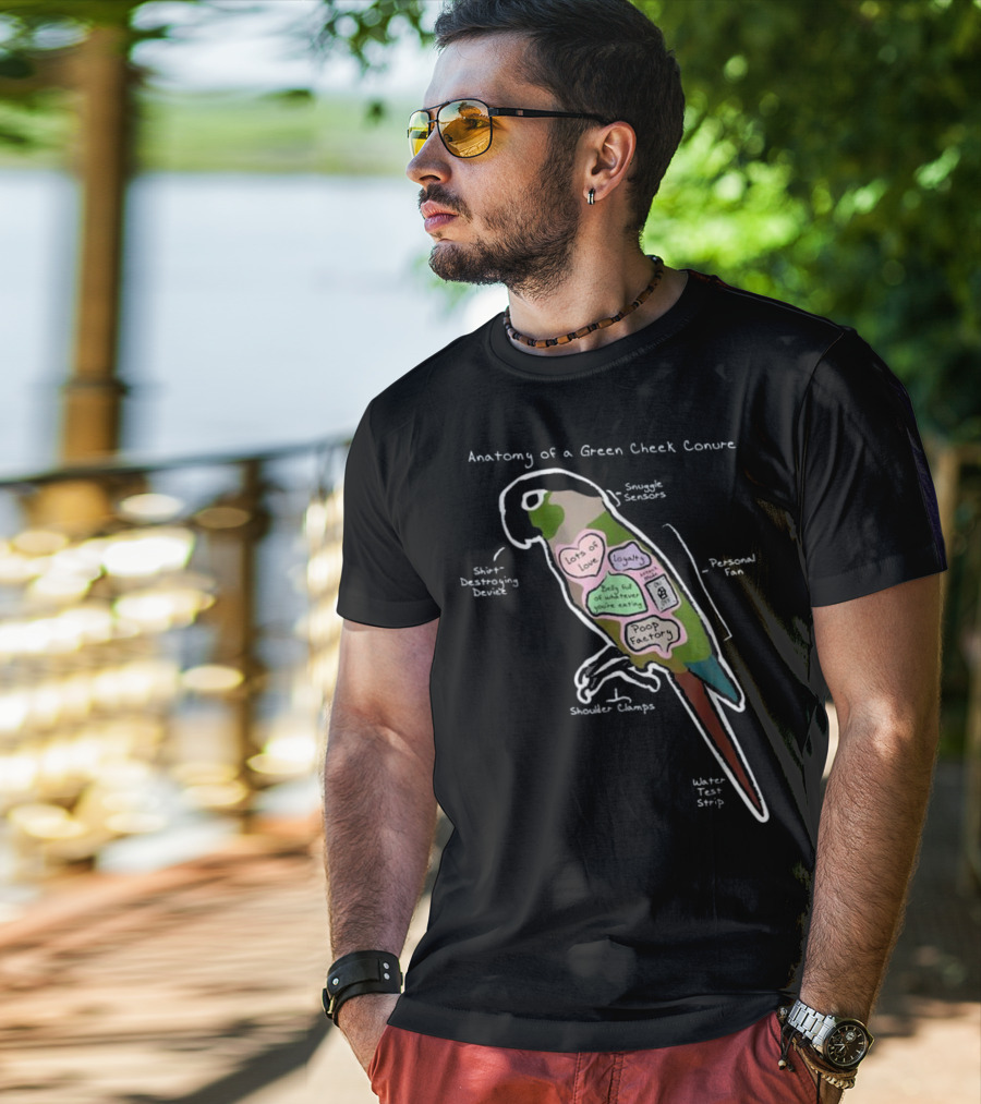 Anatomy Of A Green Cheek Conure Shirt-Destroying Device Snuggle Sensors Shoulder Clamps Poop Factory Personal Fan T-Shirt