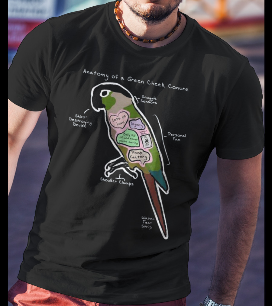 Anatomy Of A Green Cheek Conure Shirt-Destroying Device Snuggle Sensors Shoulder Clamps Poop Factory Personal Fan T-Shirt