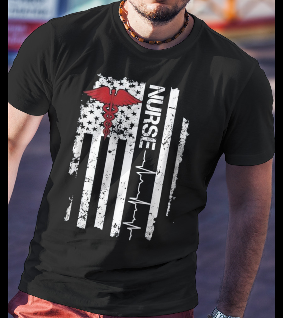 Nurse Caduceus Heartbeat American Flag Stars Stripes T-Shirt