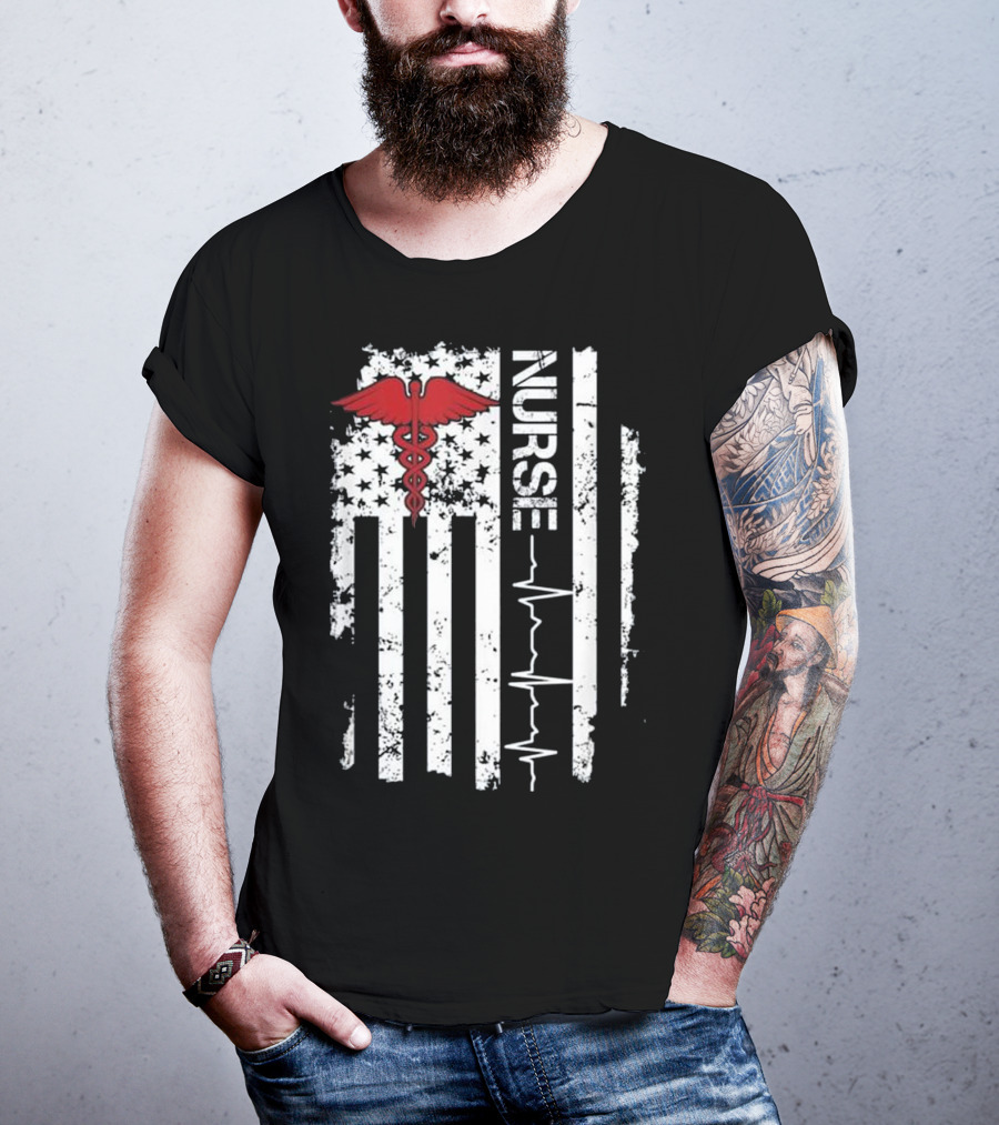 Nurse Caduceus Heartbeat American Flag Stars Stripes T-Shirt