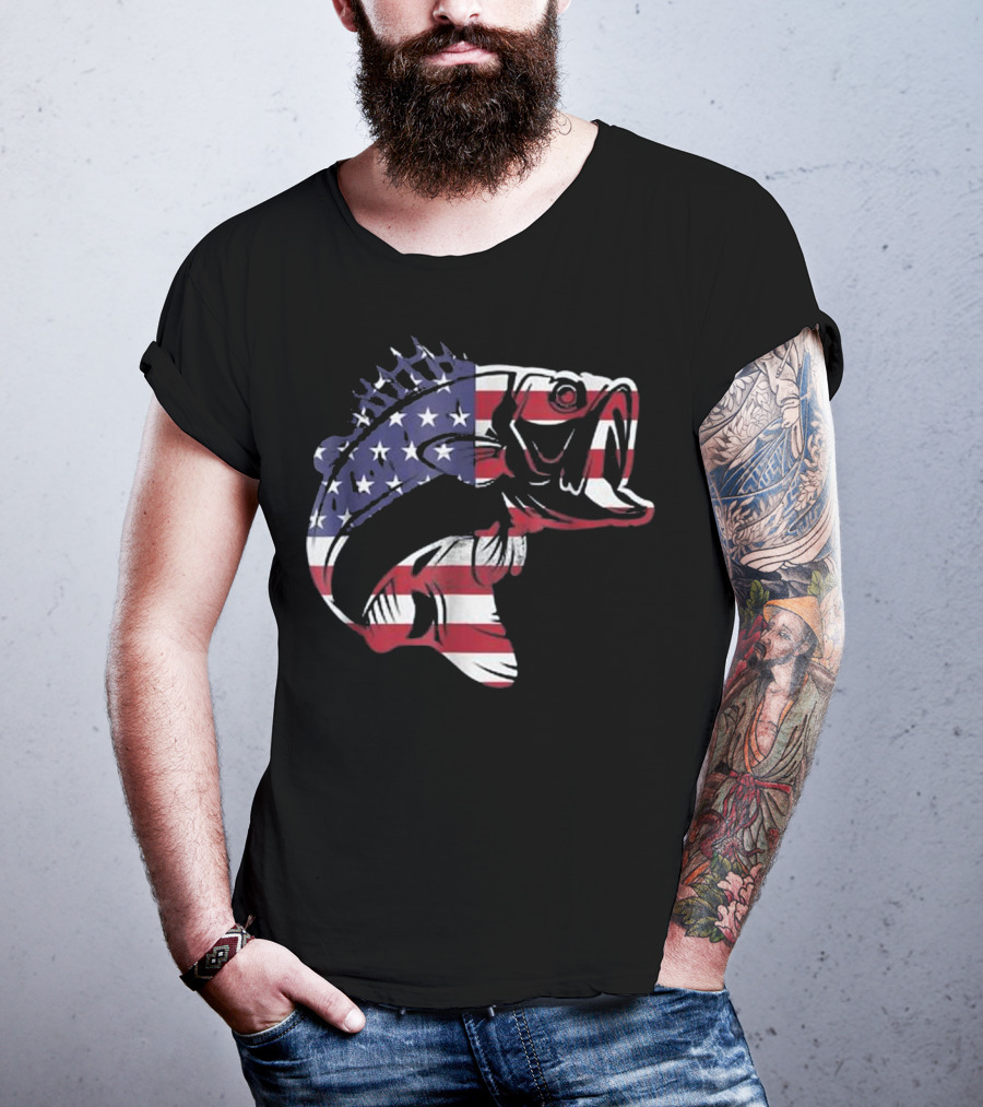Bass Fishing American Flag Patriotic Bass Fisherman T-Shirt