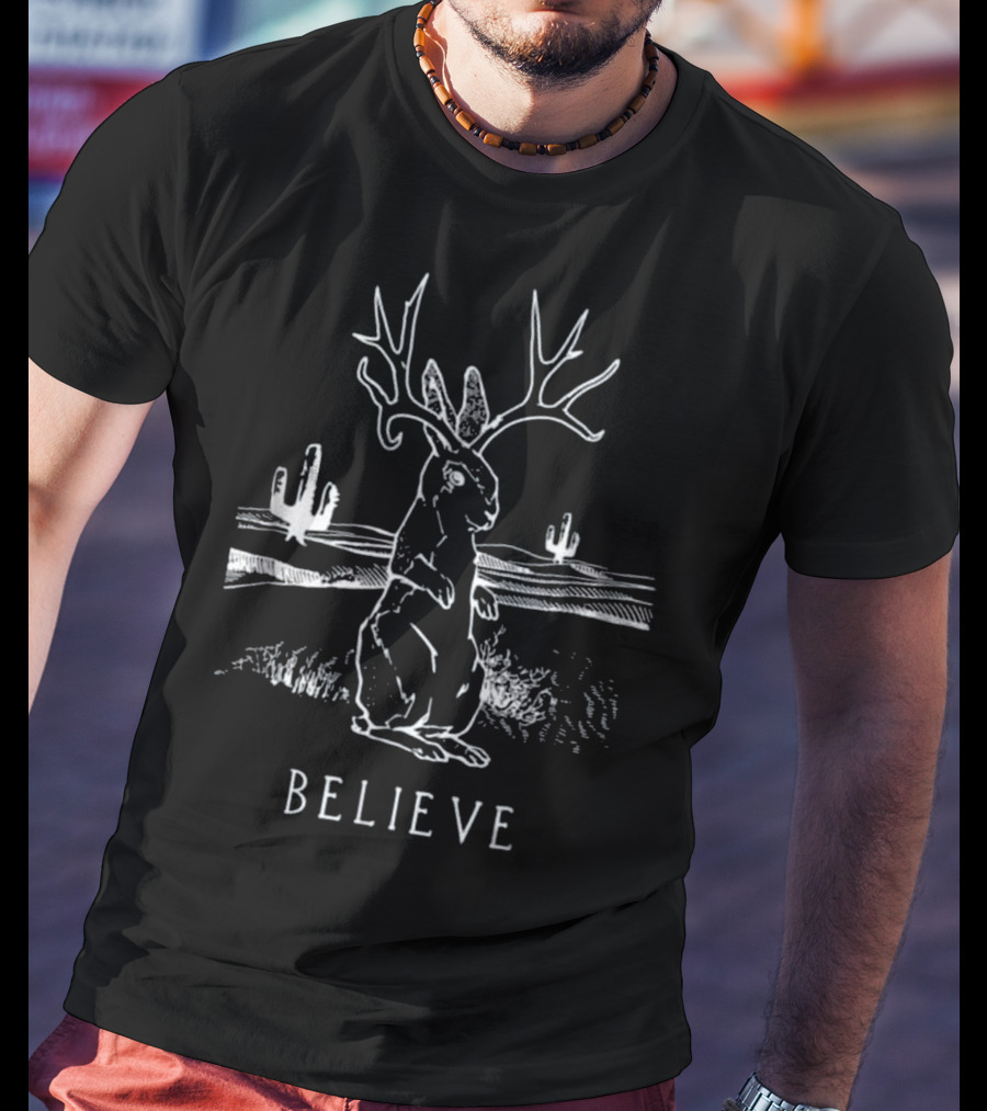 Believe Jackalope Cryptid Antlered Rabbit Desert Scene T-Shirt