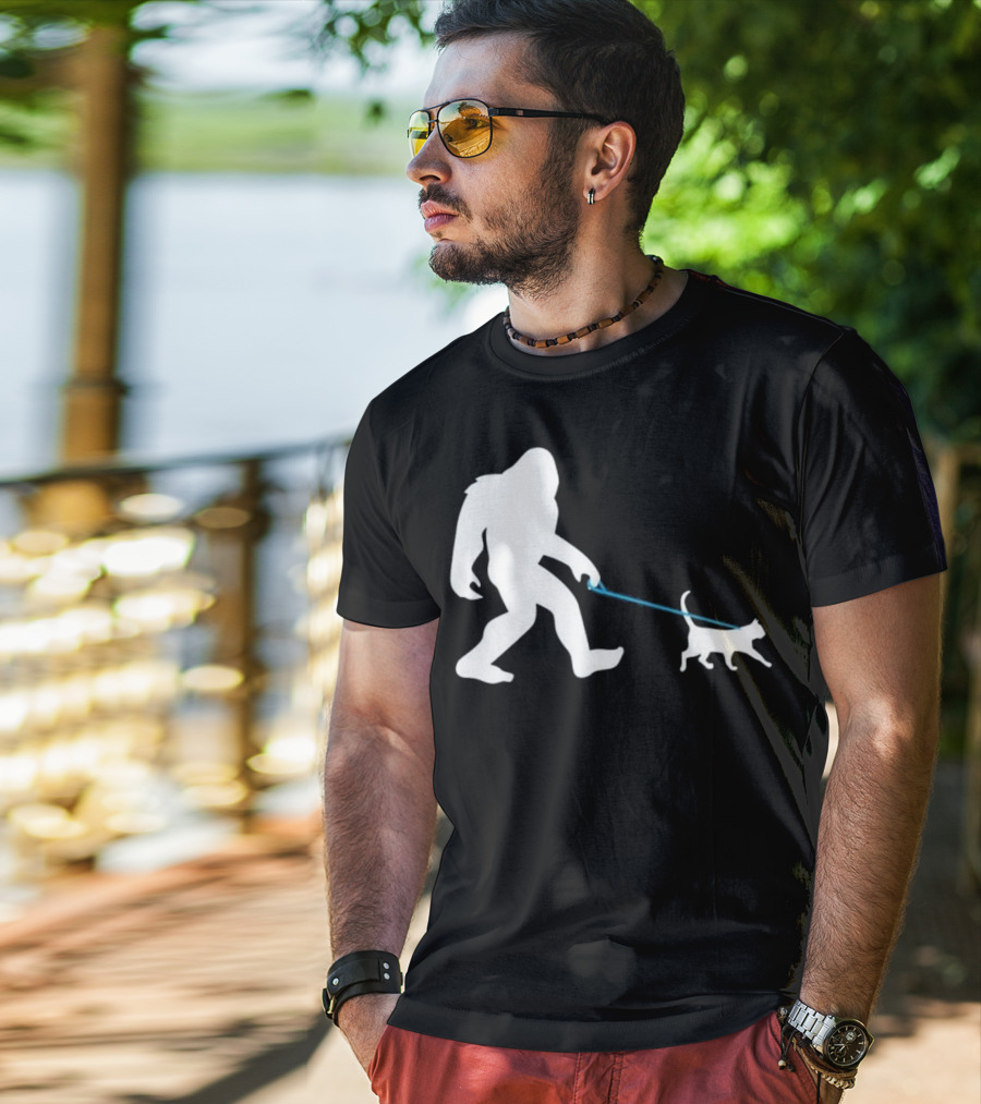 Bigfoot Walking Cat Funny Cute Sasquatch Silhouette Leash T-Shirt