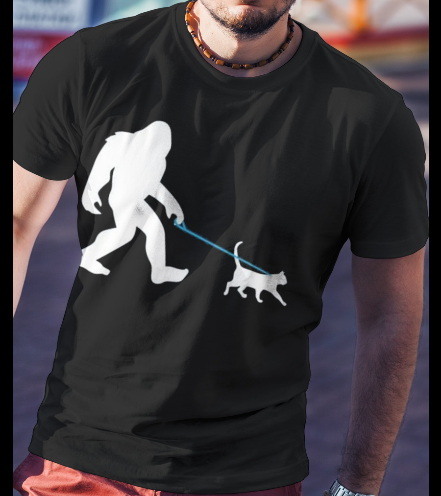 Bigfoot Walking Cat Funny Cute Sasquatch Silhouette Leash T-Shirt