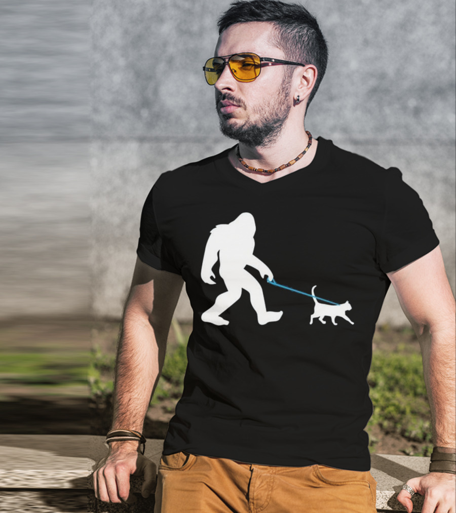 Bigfoot Walking Cat Funny Cute Sasquatch Silhouette Leash T-Shirt