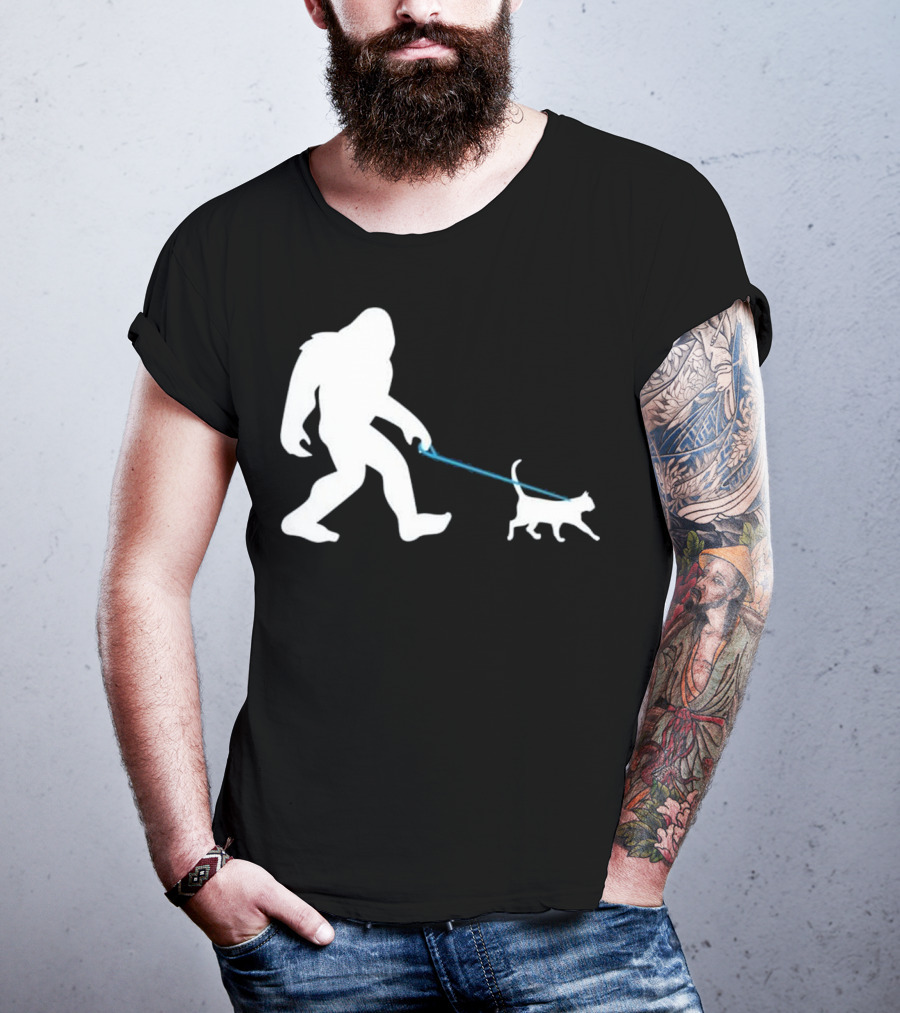 Bigfoot Walking Cat Funny Cute Sasquatch Silhouette Leash T-Shirt
