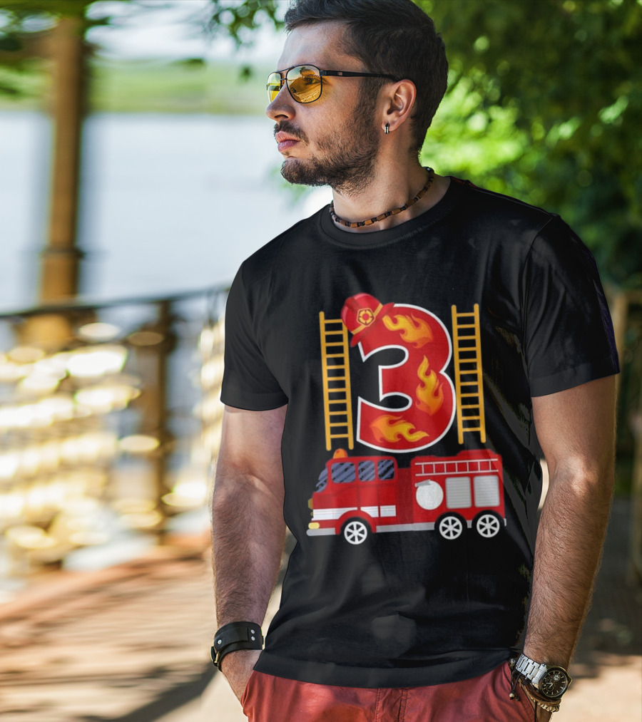 Birthday Firefighter Number 3 Fire Truck Flames Hat Ladder T-Shirt