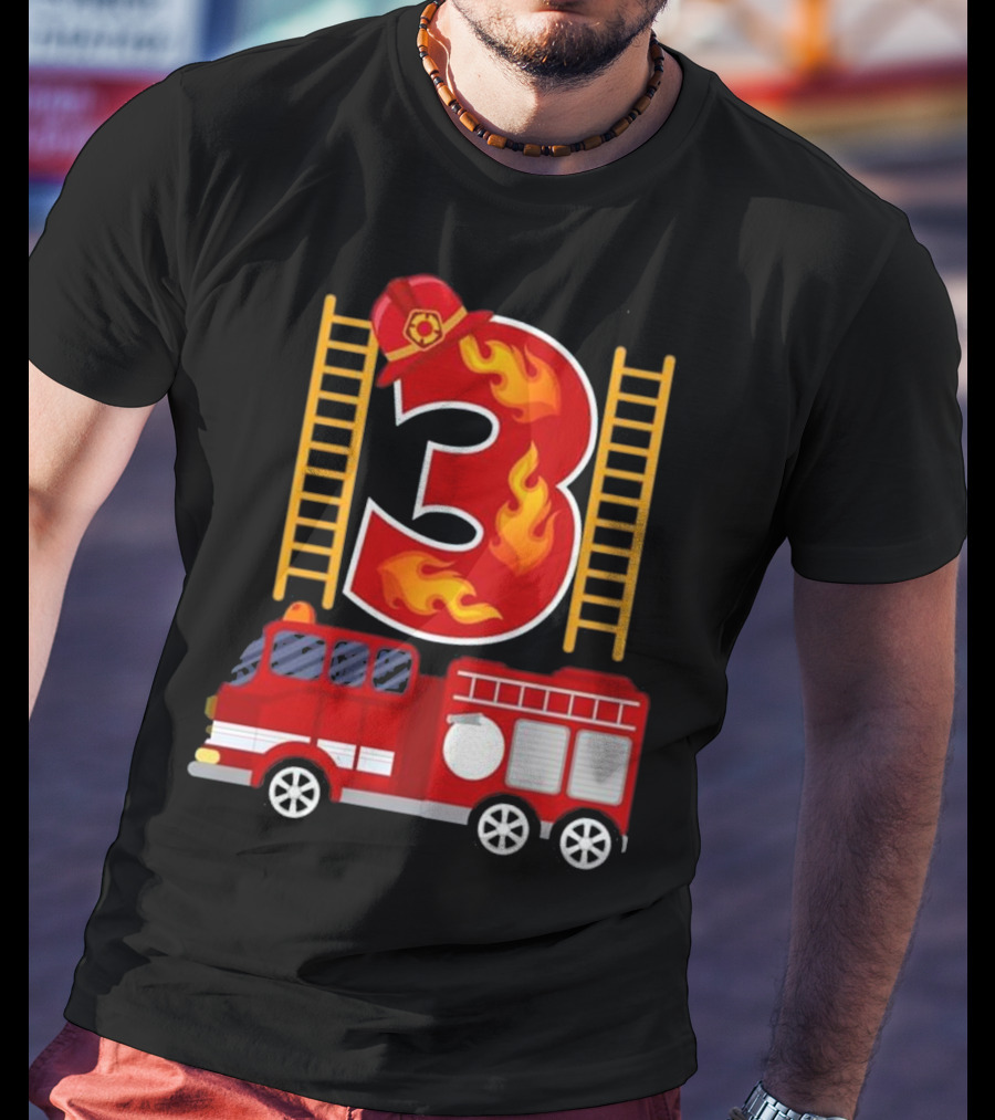 Birthday Firefighter Number 3 Fire Truck Flames Hat Ladder T-Shirt