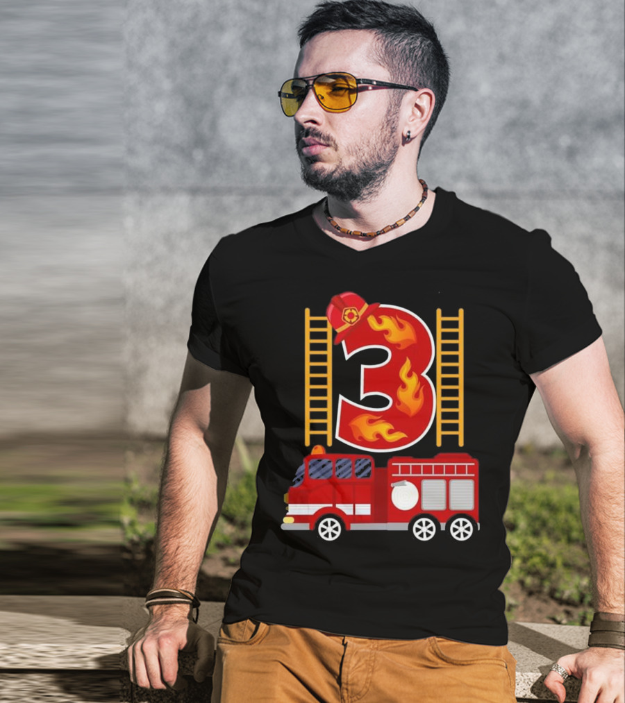 Birthday Firefighter Number 3 Fire Truck Flames Hat Ladder T-Shirt