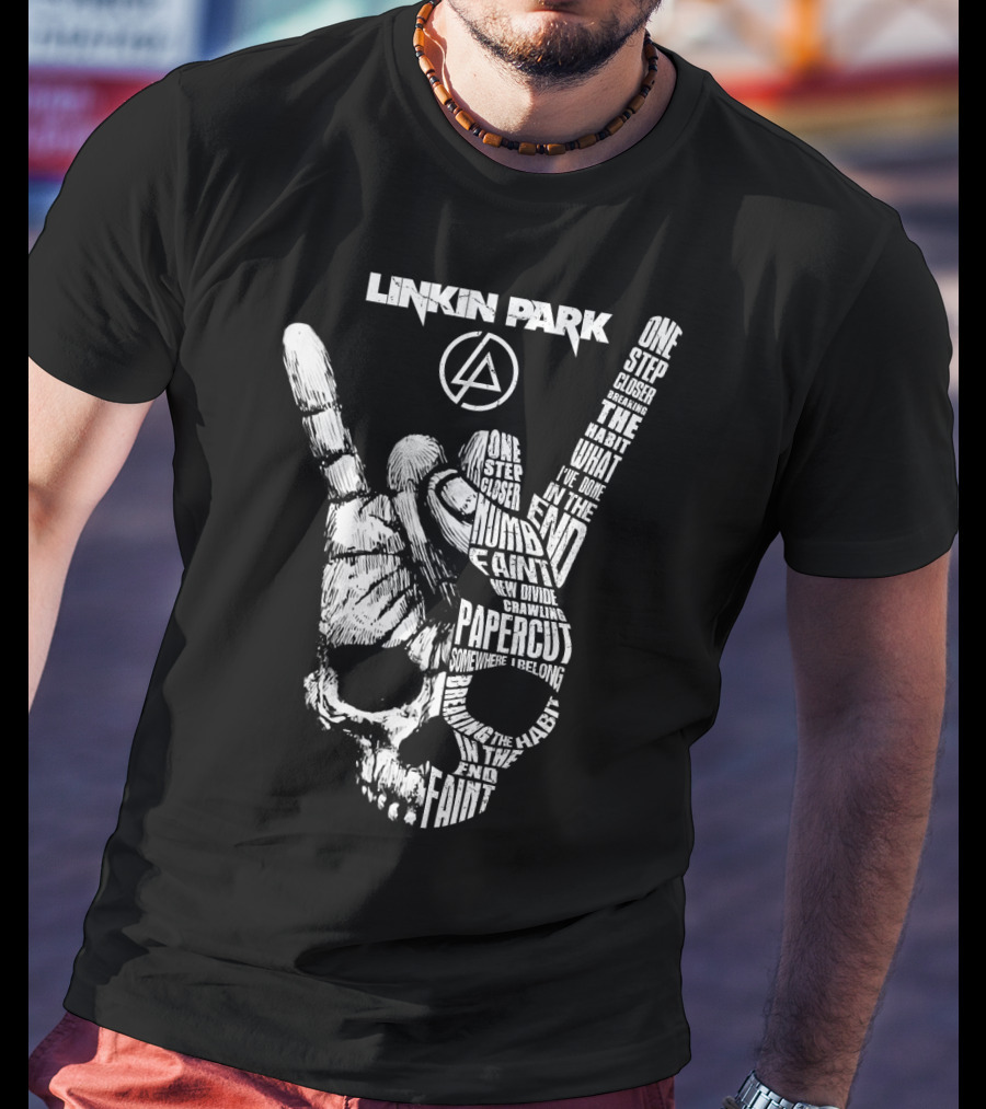 Linkin Park Lyrics Skull Hand Sign With Songs Faint In The End Crawling One Step Closer T-Shirt