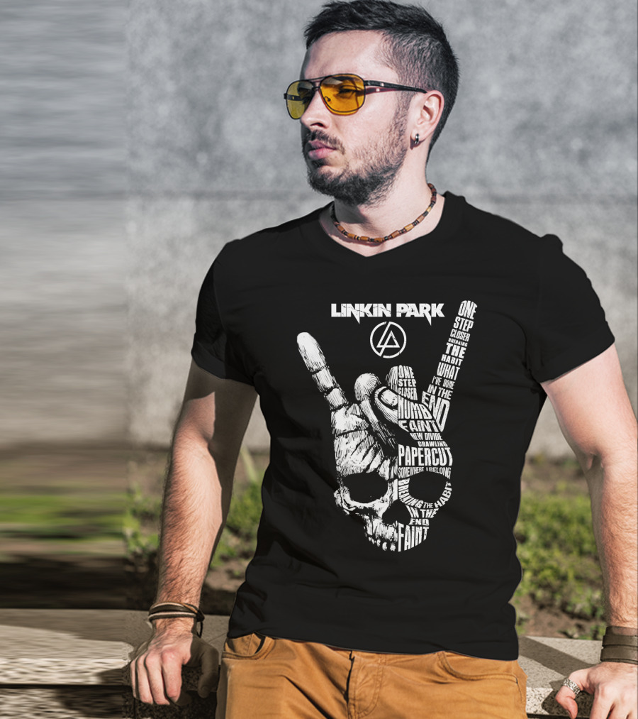 Linkin Park Lyrics Skull Hand Sign With Songs Faint In The End Crawling One Step Closer T-Shirt