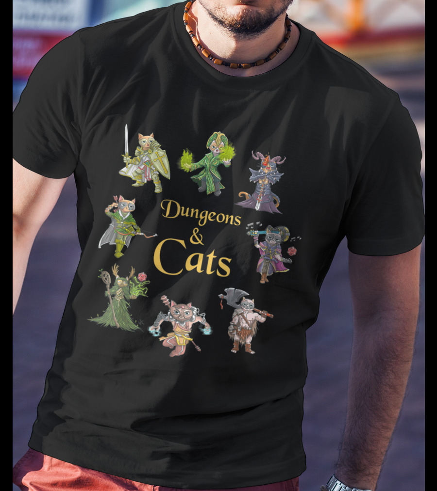 Dungeons And Cats Warrior Mage Archer Knight Characters T-Shirt