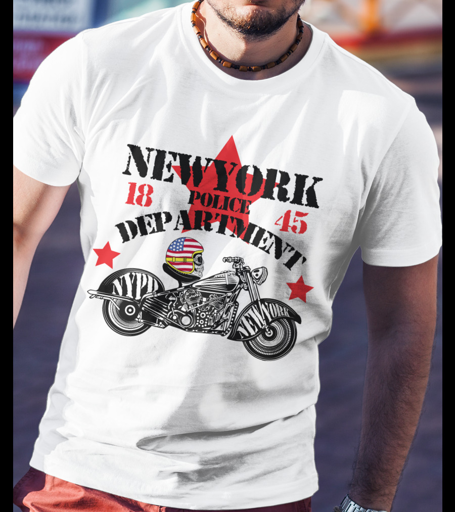 NEWYORK Police Department 1845 NYPD Motorcycle Skull Helmet Stars T-Shirt