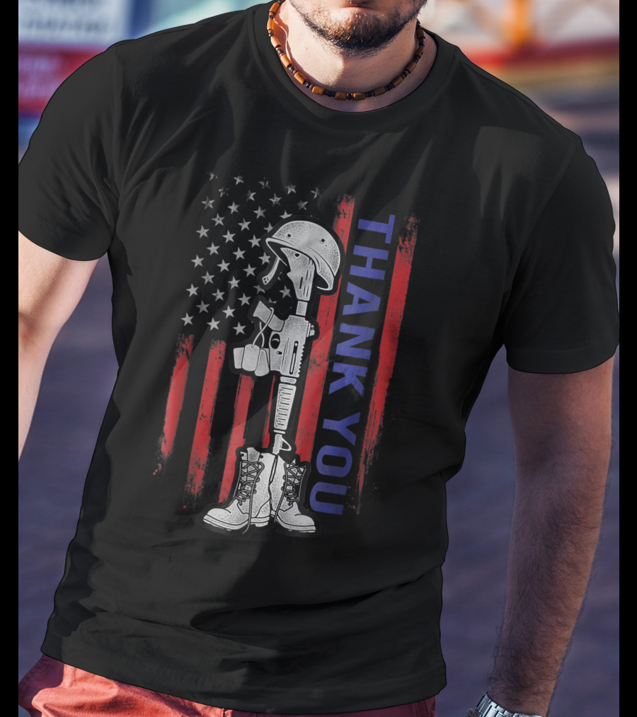 Thank You Distressed Memorial Day Flag Military Boots Dog Tags T-Shirt