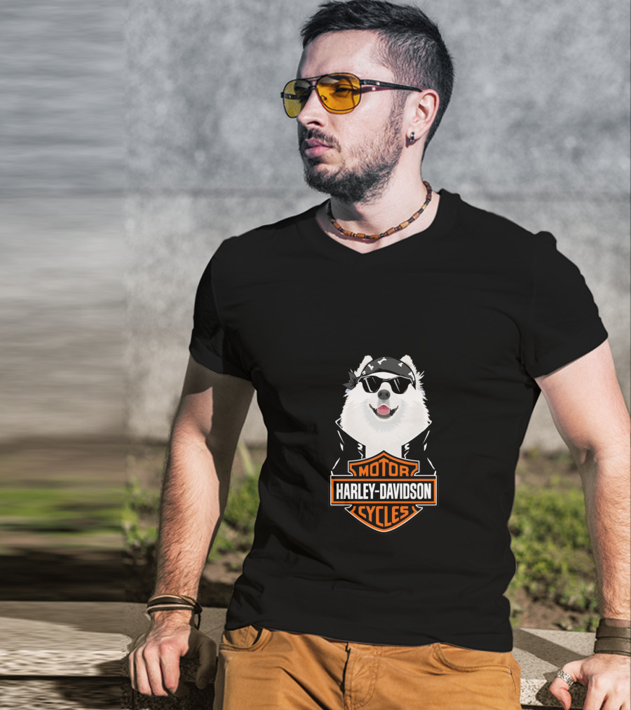 Samoyed Wearing Sunglasses Harley Davidson Motorcycles T-Shirt