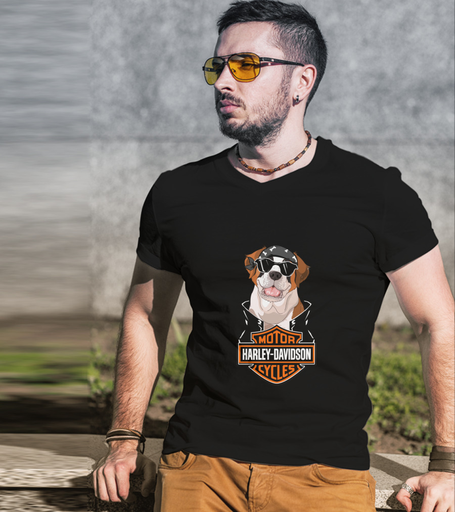 St Bernards Harley Davidson Motorcycles Logo Dog Bandana Sunglasses T-Shirt