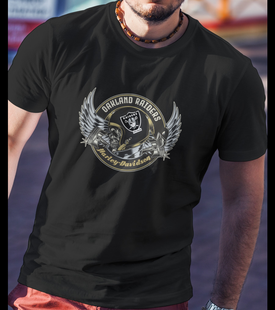 Oakland Raiders Harley Davidson Skull And Wings T-Shirt
