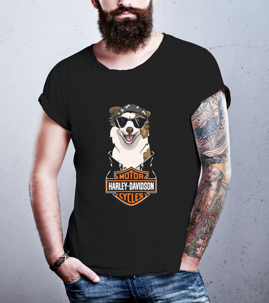 Harley Davidson Motor Cycles Australian Shepherd Biker Dog T-Shirt