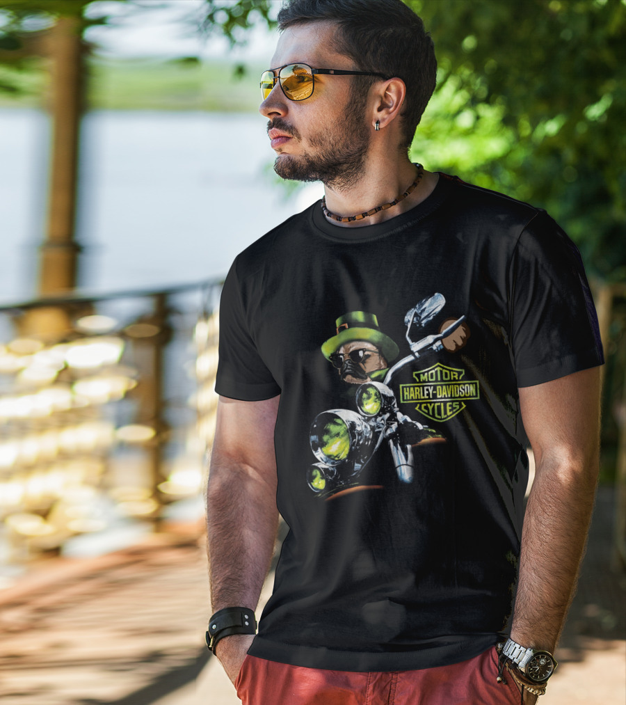 Harley Davidson Motorcycles Pug Riding St Patrick's Day T-Shirt